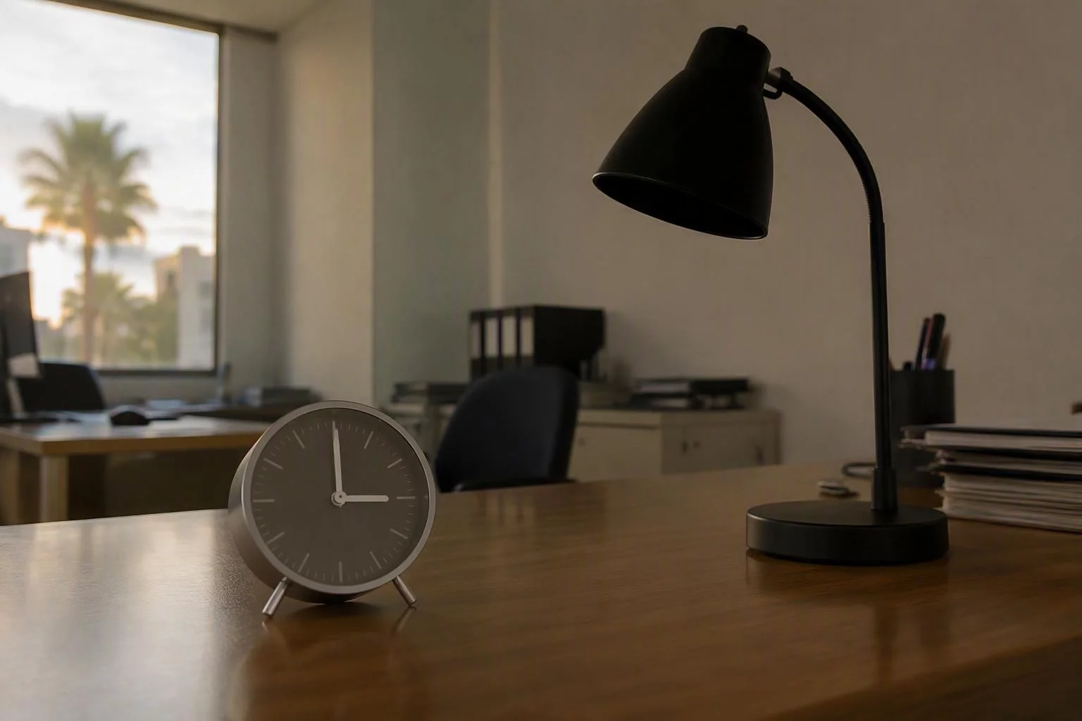 Relógio de mesa marcando o fim do expediente numa sala vazia