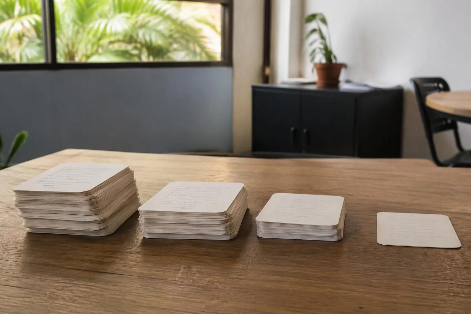 Fichas de decisão empilhadas em três montes sobre a mesa