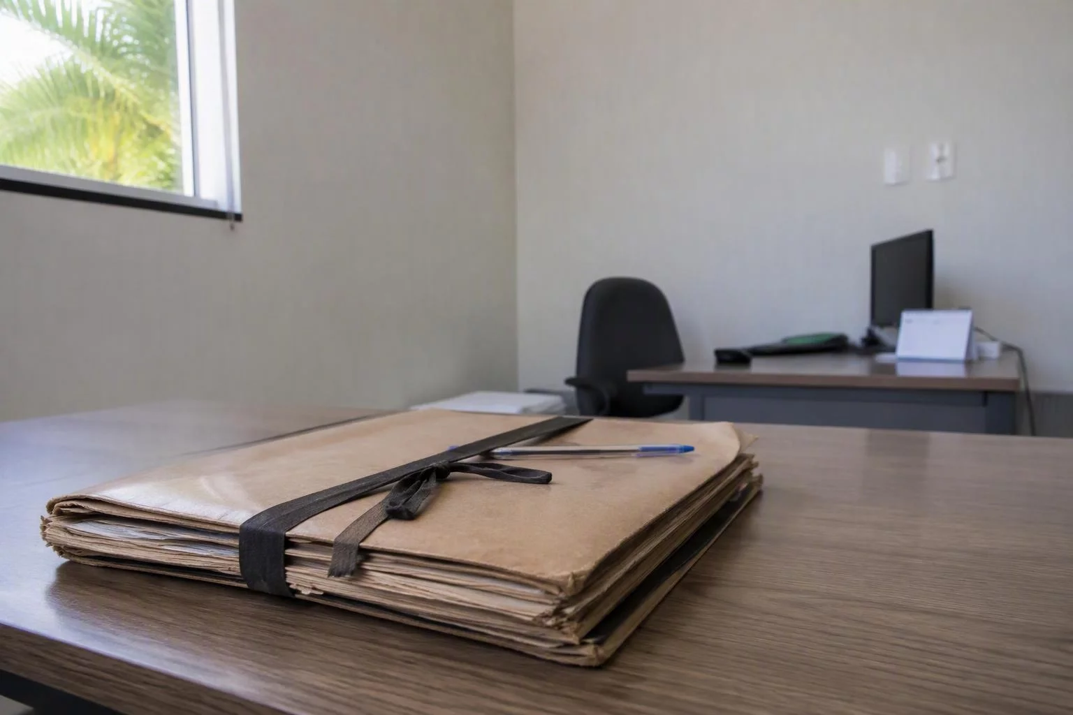 Pasta de papelão amarrada com cadarço sobre a mesa